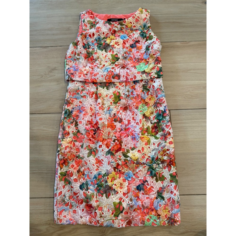 Badgley Mischka Floral Guipure Lace Popover Sheath Dress Coral Multi 4